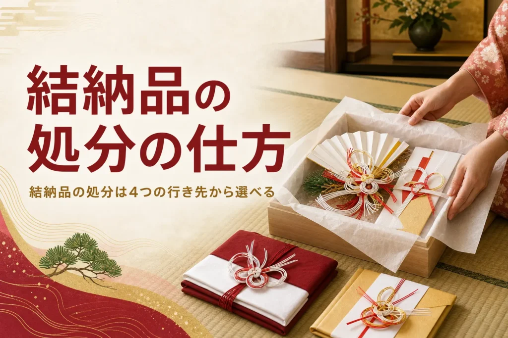 結納品の処分の仕方を紹介する記事のアイキャッチ。水引の結納飾りを和紙で包んでしまう手元