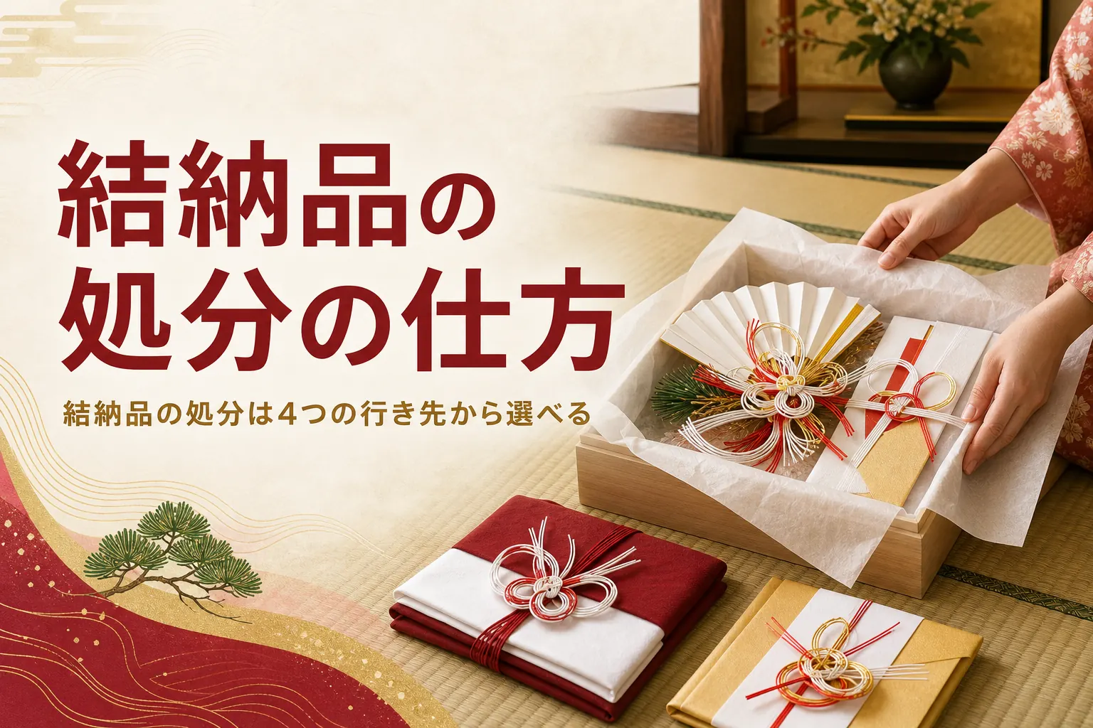 結納品の処分の仕方を紹介する記事のアイキャッチ。水引の結納飾りを和紙で包んでしまう手元