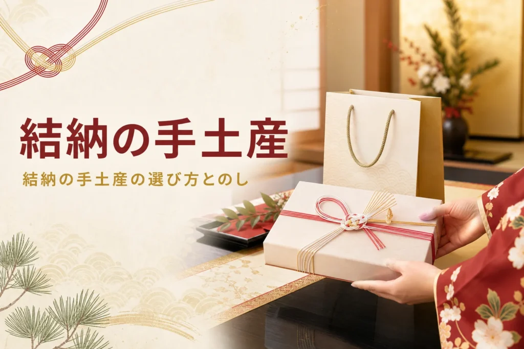 結納の手土産の選び方を紹介する記事のアイキャッチ。紅白の水引をかけた菓子折りを両手で差し出す手元
