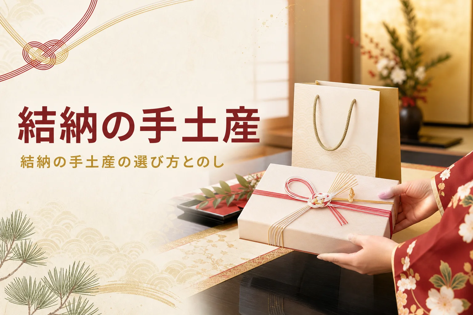 結納の手土産の選び方を紹介する記事のアイキャッチ。紅白の水引をかけた菓子折りを両手で差し出す手元