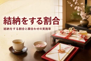 結納をする割合を紹介する記事のアイキャッチ。料亭の座卓の結納飾りと金封