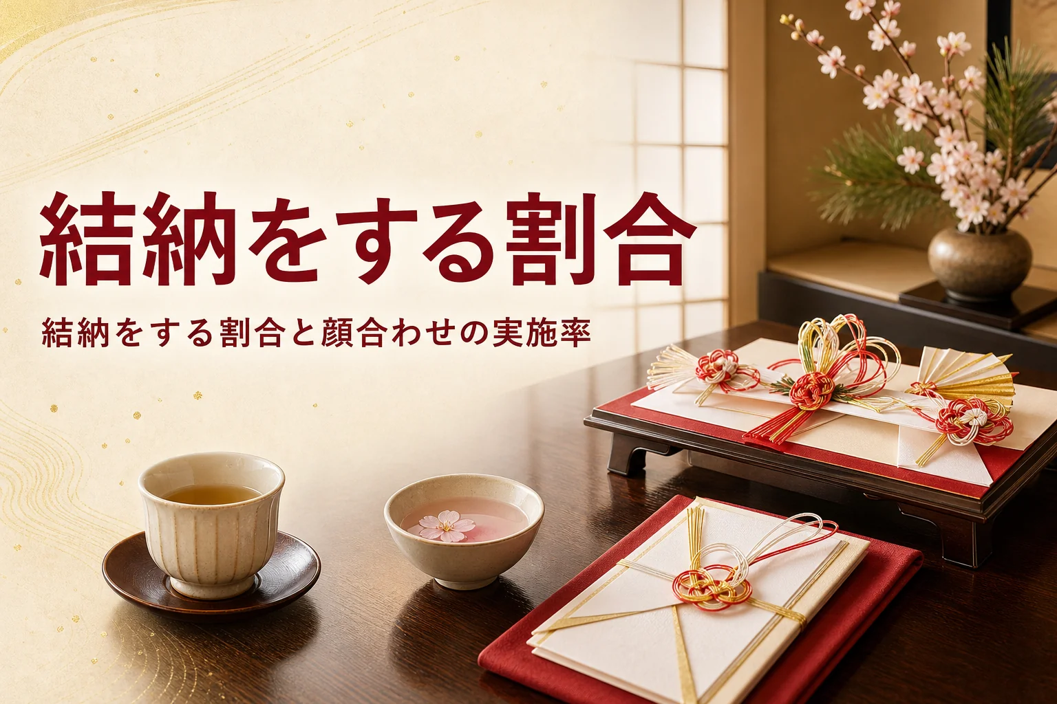 結納をする割合を紹介する記事のアイキャッチ。料亭の座卓の結納飾りと金封