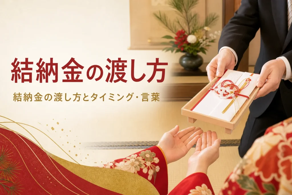 結納金の渡し方とタイミング、渡す時の言葉を紹介する記事のアイキャッチ。白木の台を差し出す手元