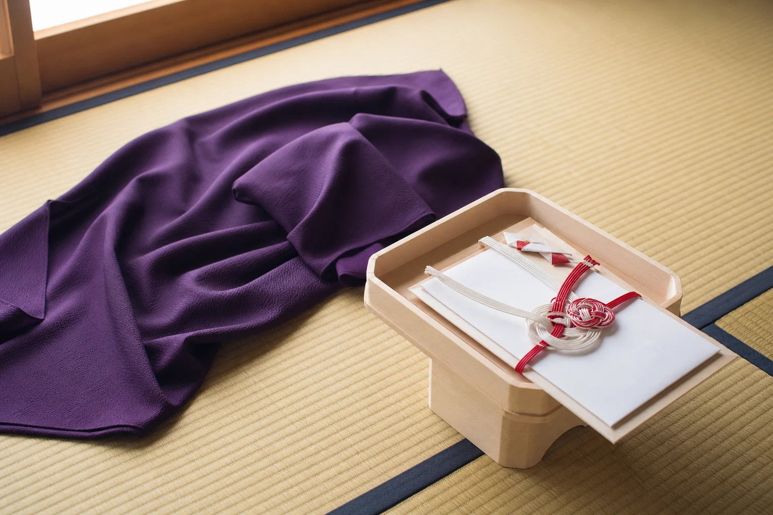 結納金を渡す時に使う風呂敷・白木の台・金封を並べた様子の写真