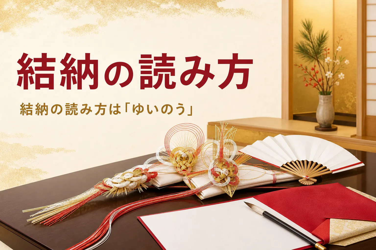 結納の読み方を紹介する記事のアイキャッチ。座卓の上の結納品と毛筆