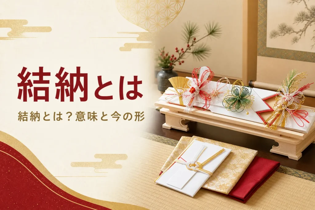 結納とは何かを紹介する記事のアイキャッチ。床の間に飾られた結納品