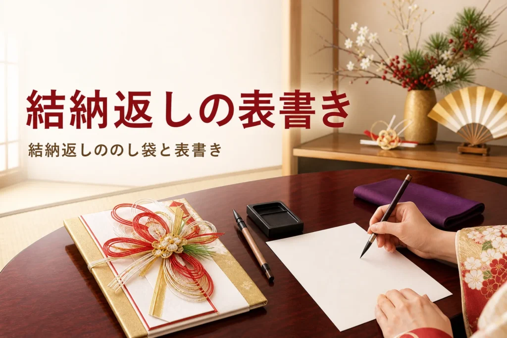 結納返しののし袋と表書きの書き方を紹介する記事のアイキャッチ。座卓の金封と筆