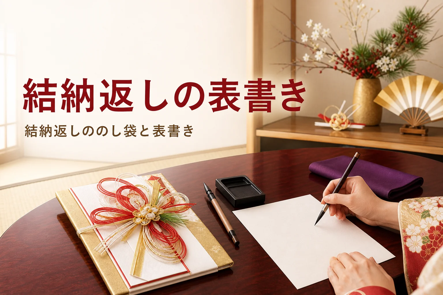 結納返しののし袋と表書きの書き方を紹介する記事のアイキャッチ。座卓の金封と筆