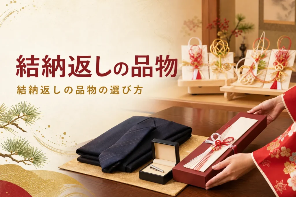 結納返しの品物の選び方を紹介する記事のアイキャッチ。腕時計の箱やスーツの生地が並ぶ座卓