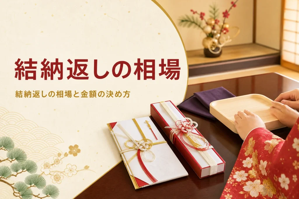 結納返しの相場と金額の決め方を紹介する記事のアイキャッチ。座卓の金封と結納返しの品