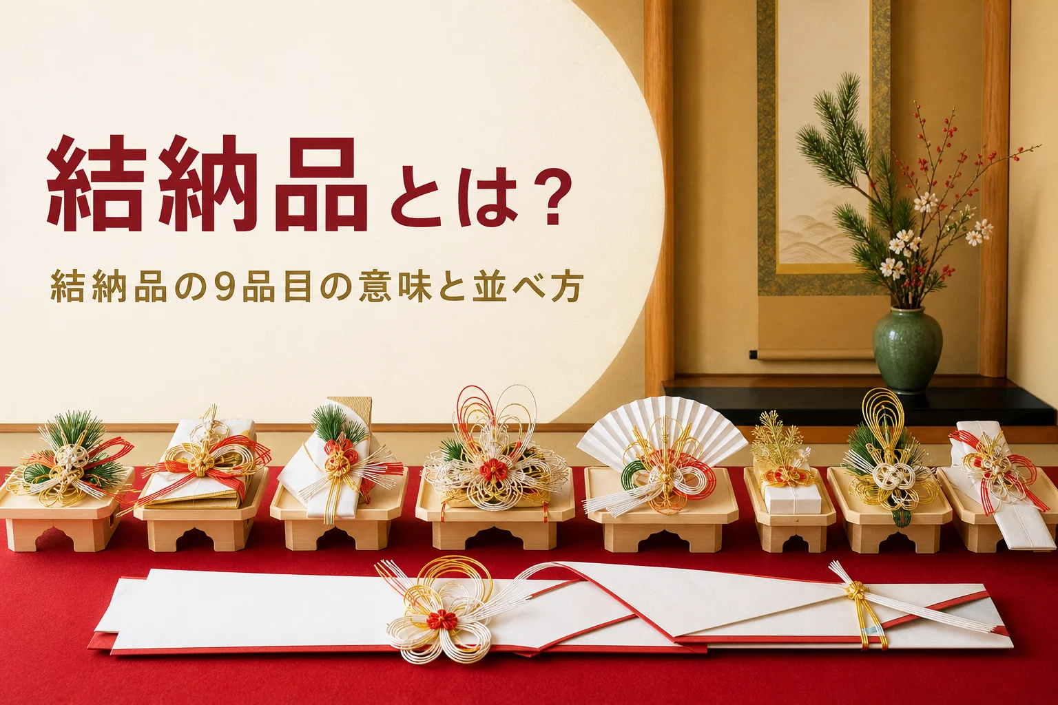 結納品の9品目の意味と並べ方を紹介する記事のアイキャッチ。床の間に飾った結納品