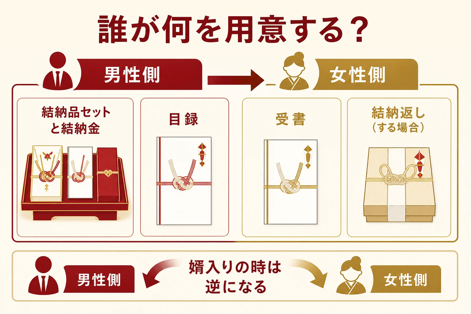 結納セットを男性側と女性側のどちらが用意するかを分けて示した図解