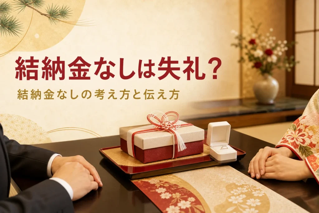 結納金なしの考え方と相手の親への伝え方を紹介する記事のアイキャッチ。座卓に並ぶ婚約記念品