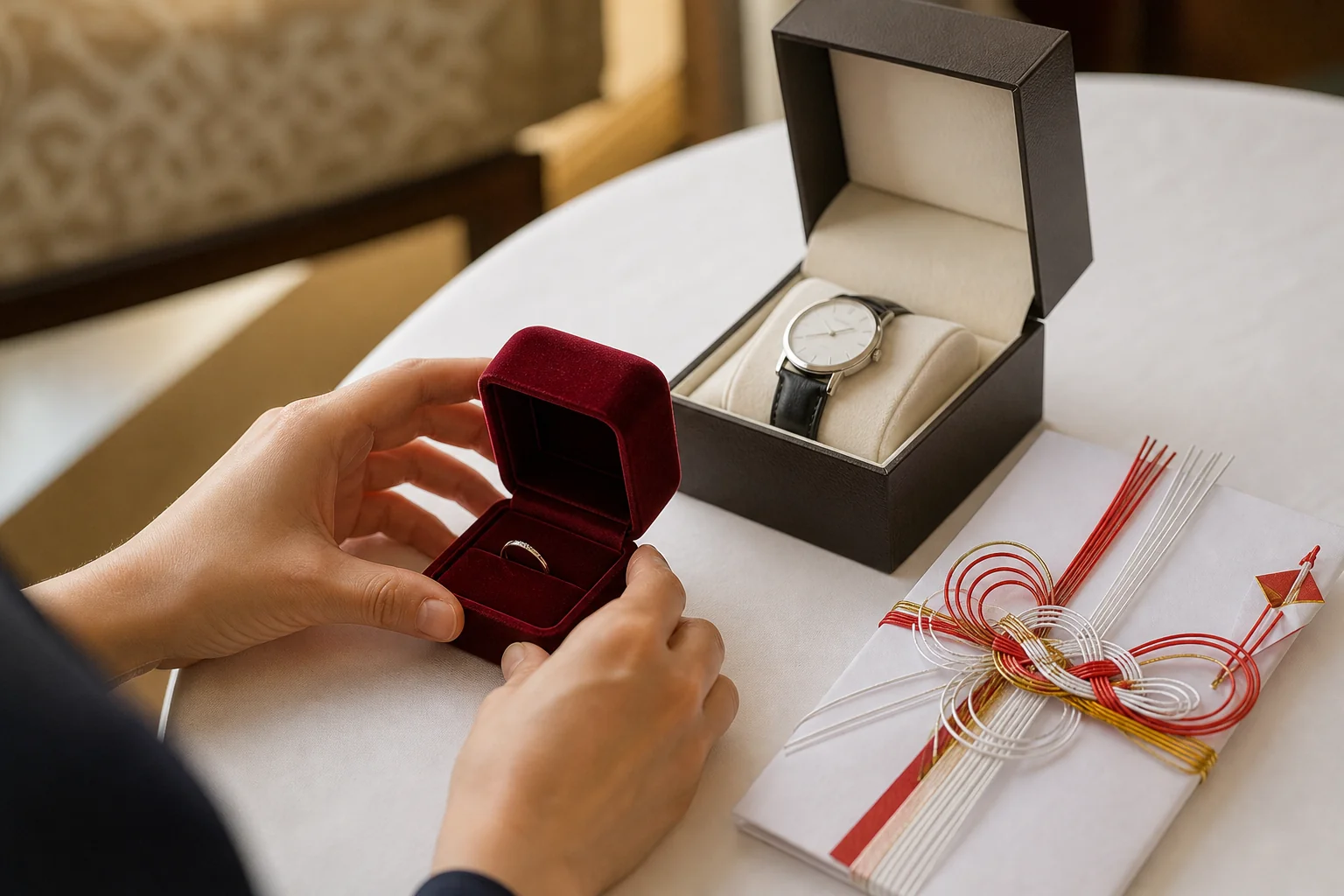 結納金なしの顔合わせ食事会で、婚約記念品をお披露目する場面のイメージ写真