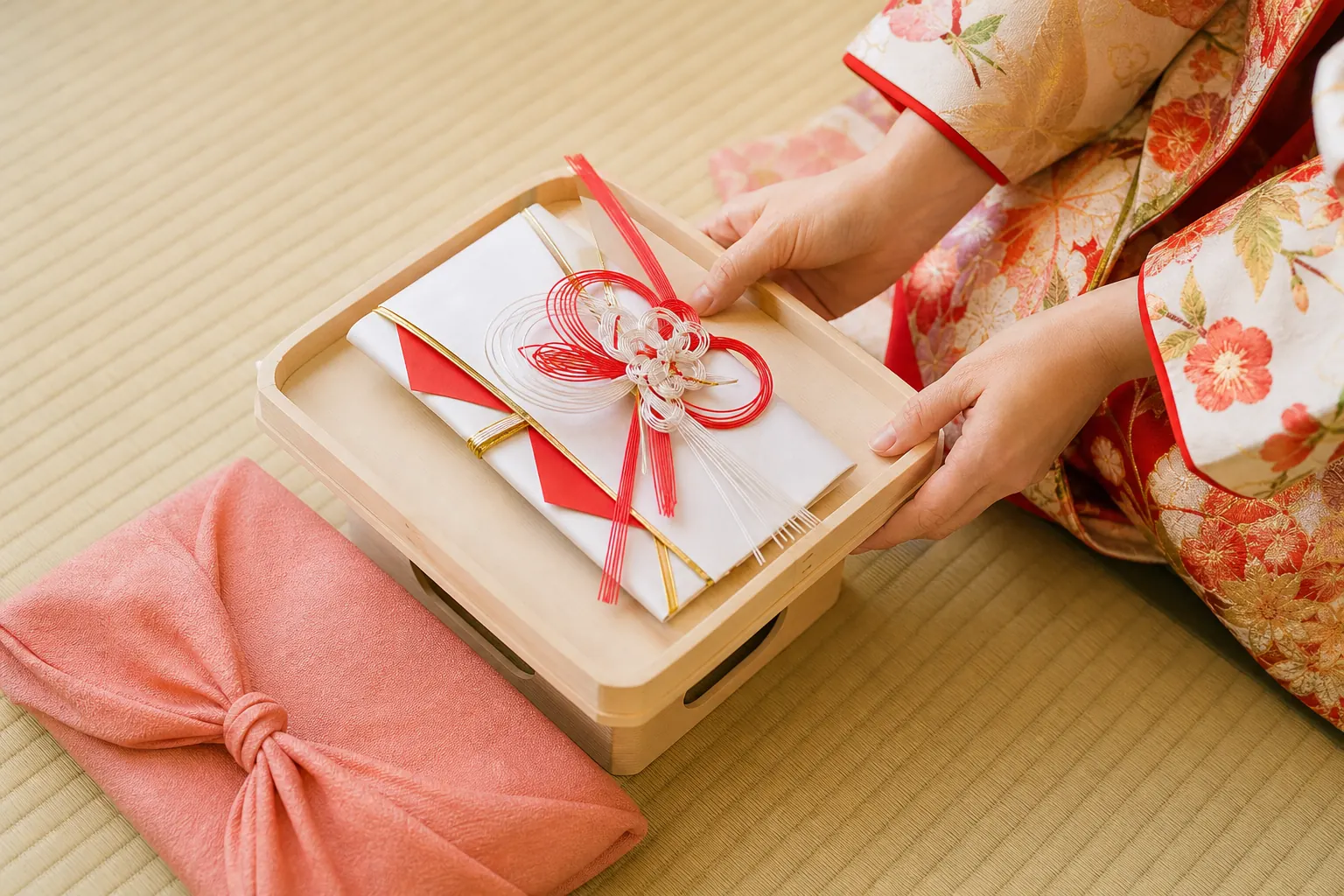 結納金は金封に包み白木の台にのせて渡すことを示す写真